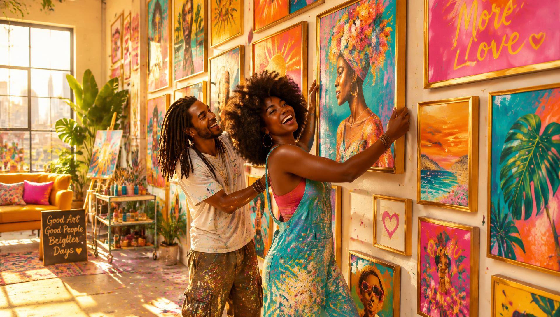Two artists laughing as they hang bright paintings on a golden gallery wall